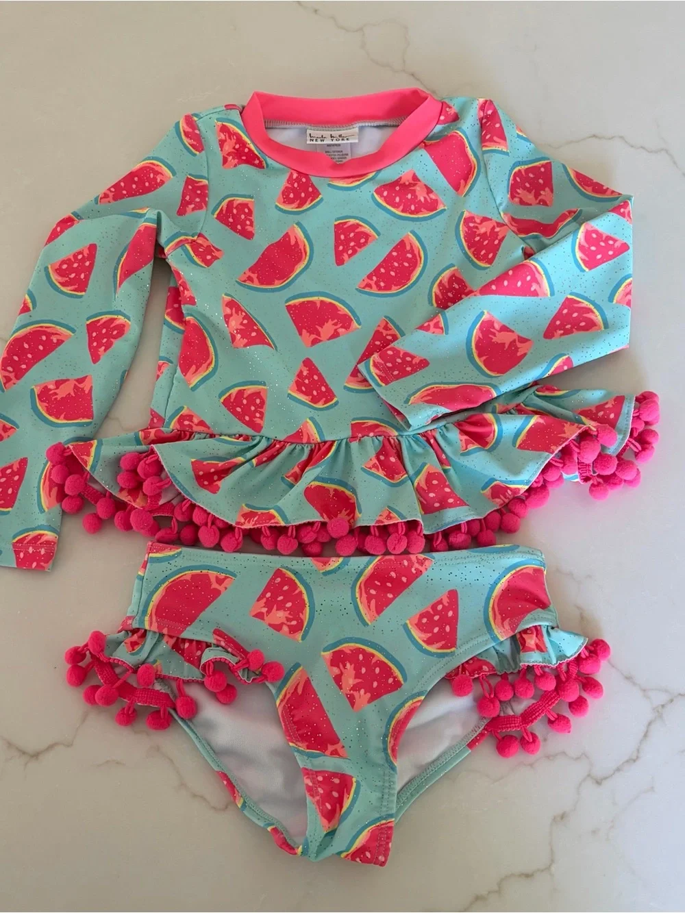 Nicole Miller Girls' Pink & Aqua Watermelon Pom-Pom Rashguard Set